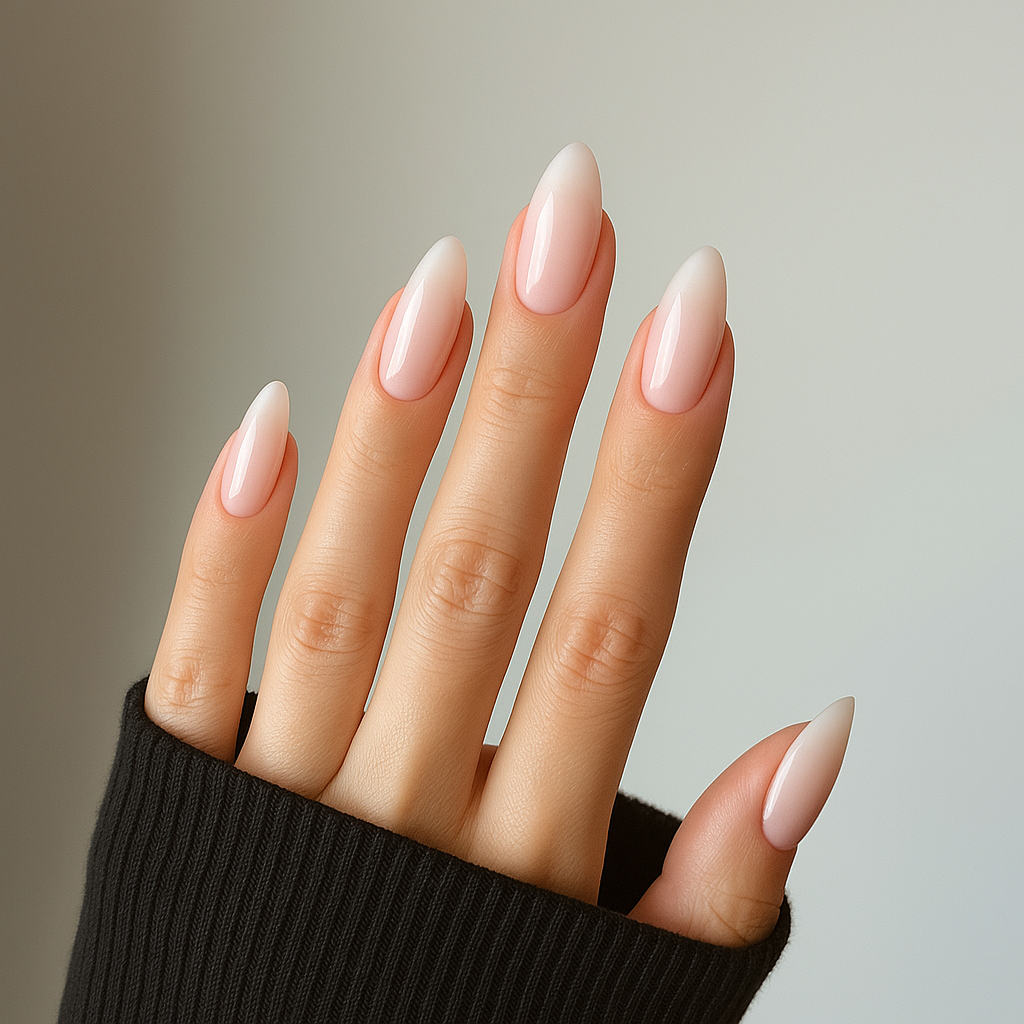 Soft Blush – Transparent ljusrosa / mjukt rosa gellack / gel polish på modellhand – Salongskvalitet UV/LED-nagellack – Mandel-formade naglar