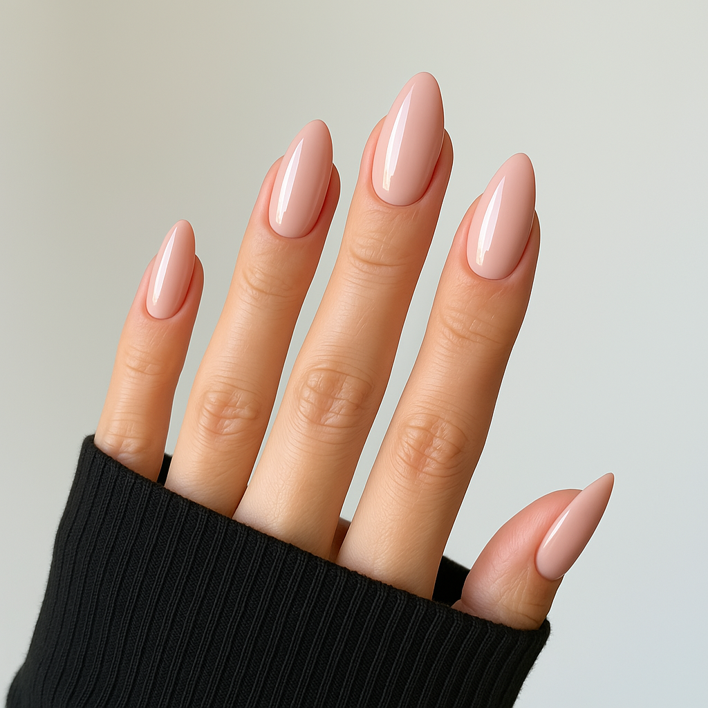 Soft Nude Glitter – Mjuk nude med diskret glitter / skimrande gellack / gel polish på modellhand – Salongskvalitet UV/LED-nagellack – Mandel-formade naglar