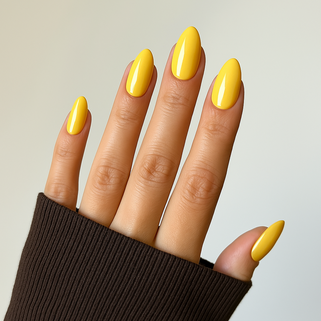 Solgul – Klar solgul nyans med glansig yta / polygel på modellhand – Salongskvalitet UV/LED-polygel – Mandel-formade naglar