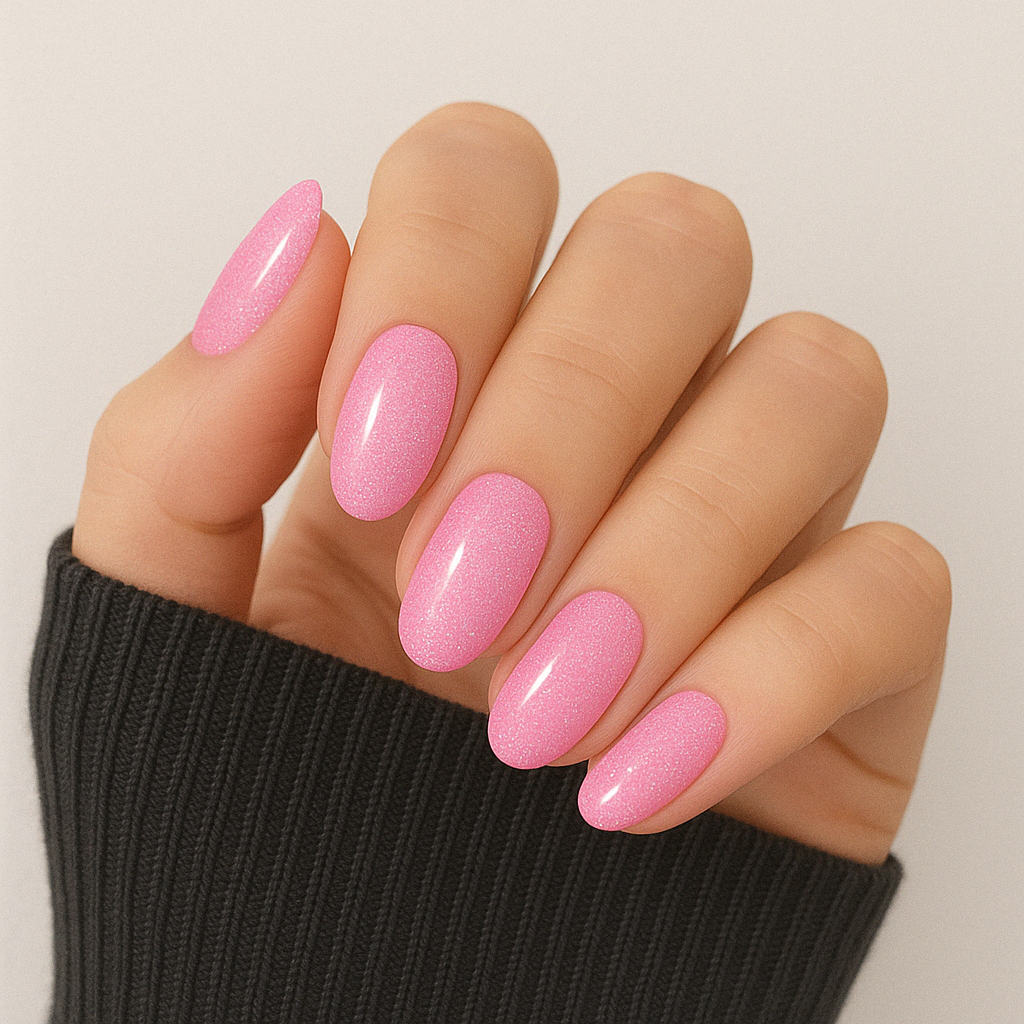 Pastellrosa – Söt pastellrosa nyans med färgstarkt hologlitter / polygel på modellhand – Salongskvalitet UV/LED-polygel – Mandel-formade naglar
