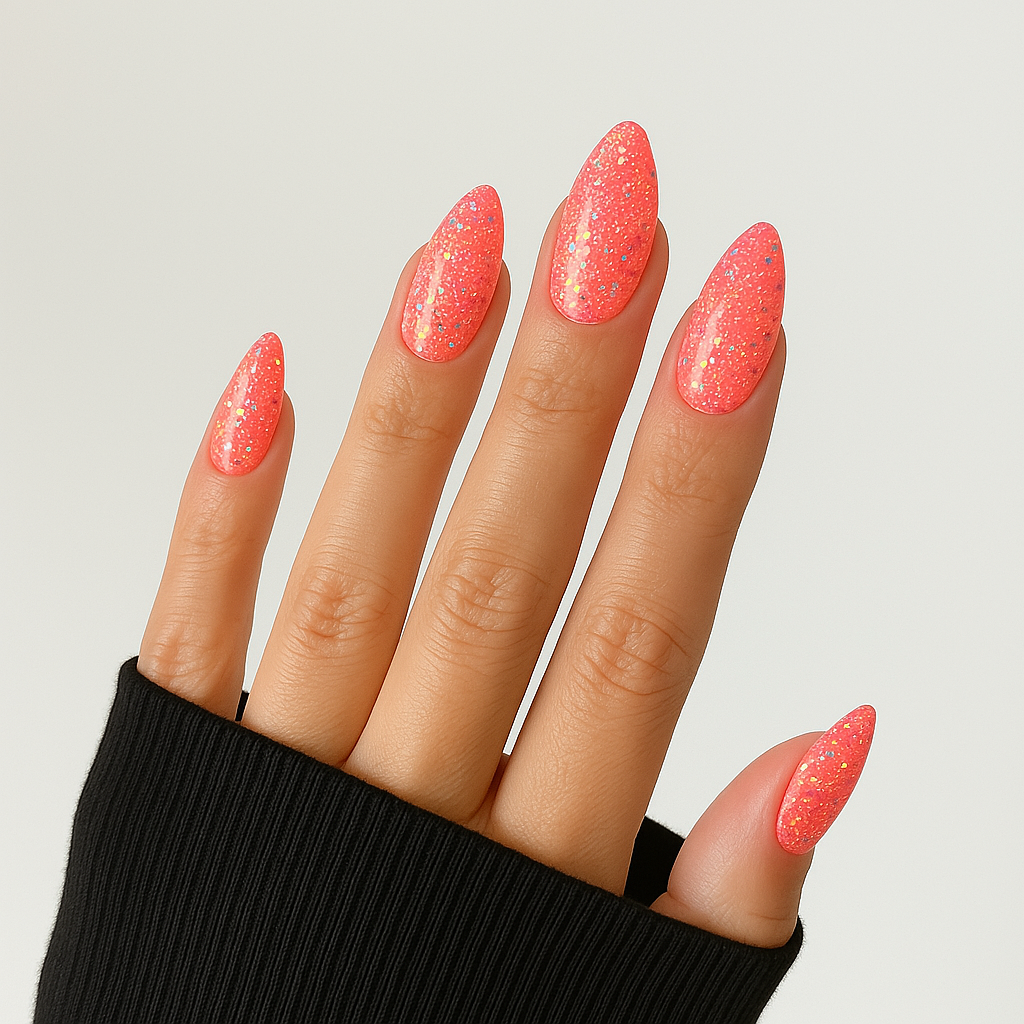 Sparkling Pink Glitter – Rosa med glitter / glittrigt gellack / gel polish på modellhand – Salongskvalitet UV/LED-nagellack – Mandel-formade naglar