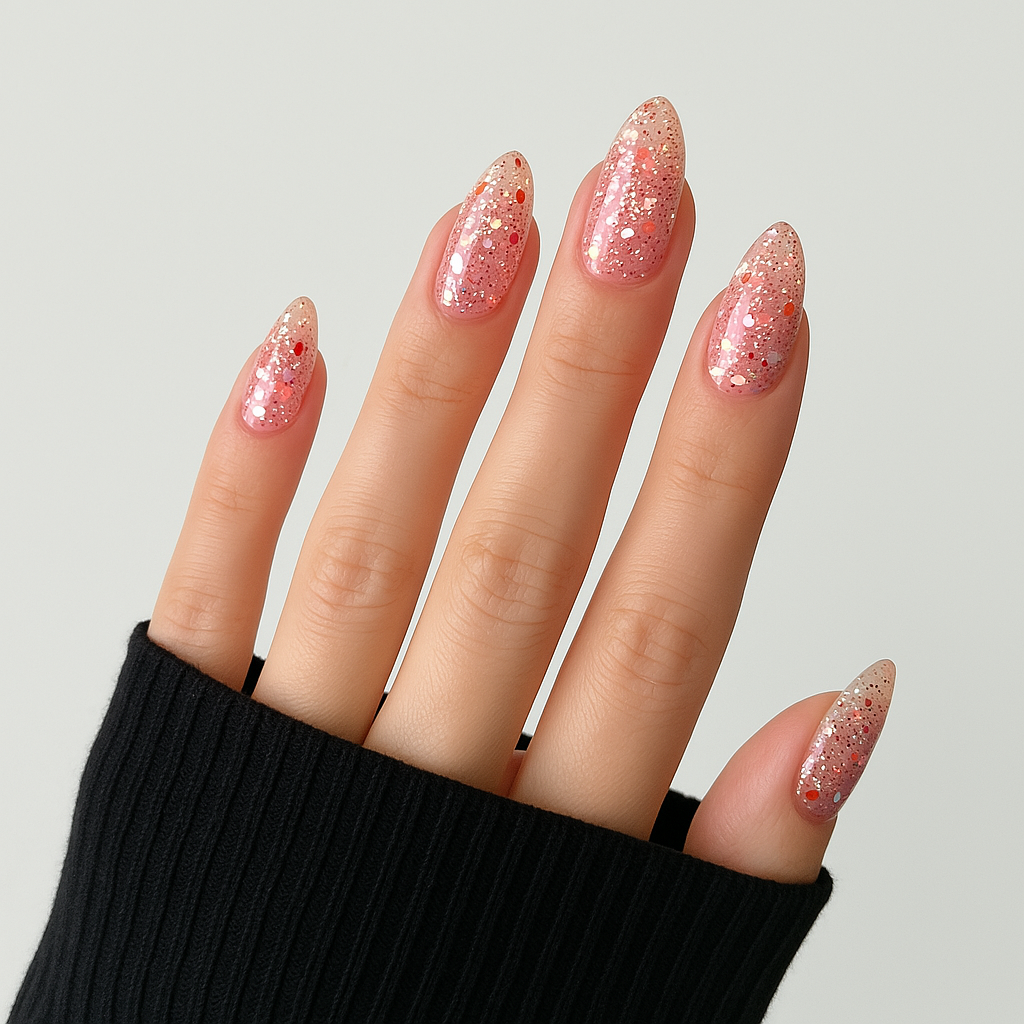 Strawberry Sparkle – Röd glitter / skimrande gel polish / gellack på modellhand – Salongskvalitet UV/LED-nagellack – Mandel-formade naglar