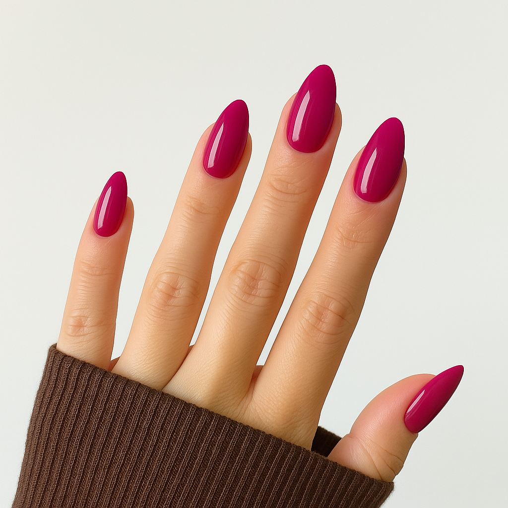 Magenta – Tidlös och klassisk magenta nyans som är perfekt för de kallare säsongerna / dipping-pulver-powder-akryl-pulver på modellhand – Salongskvalitet material – Mandel-formade naglar
