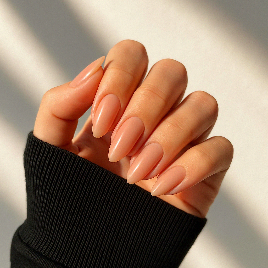 Aprikosrosa – Varm aprikosrosa nyans med fint, subtilt skimmer / polygel på modellhand – Salongskvalitet UV/LED-polygel – Mandel-formade naglar