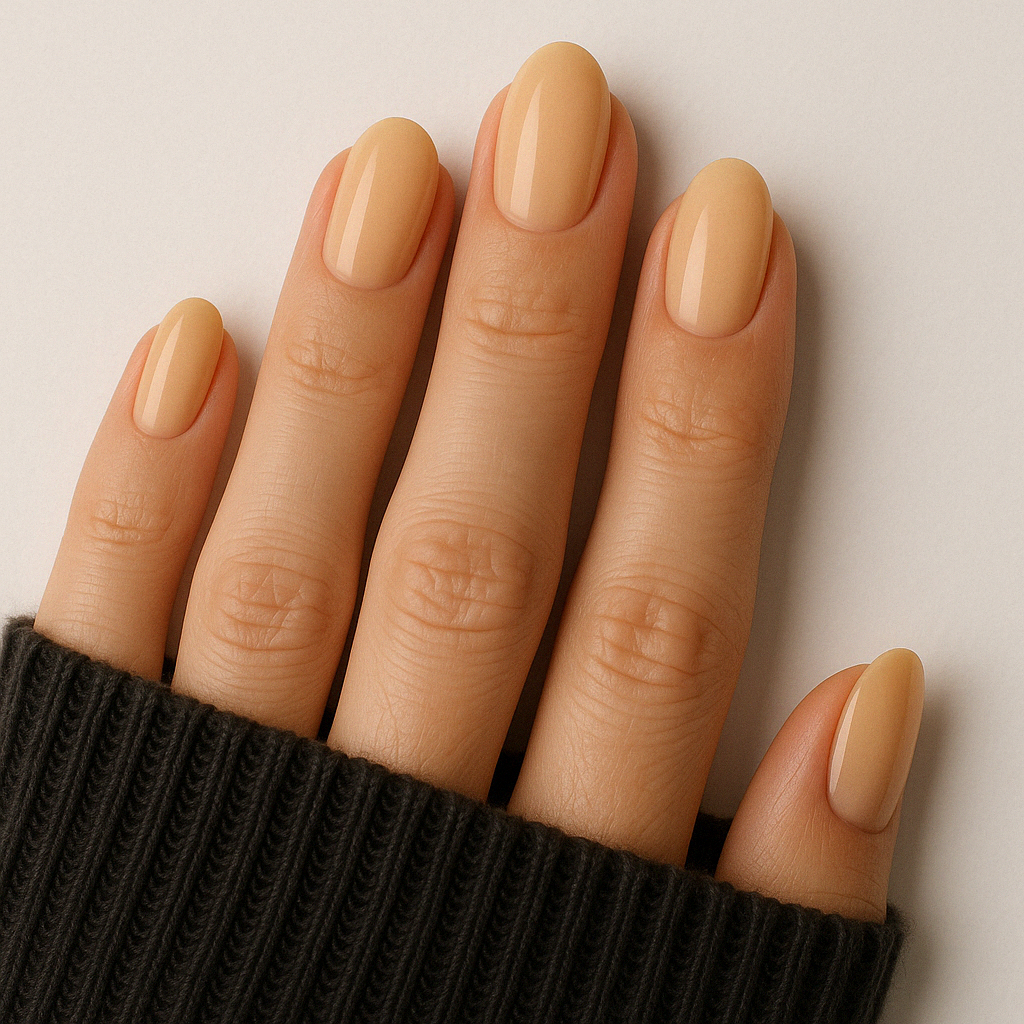 Karamell – Varm karamellfärgad nyans med krämig finish / polygel på modellhand – Salongskvalitet UV/LED-polygel – Mandel-formade naglar
