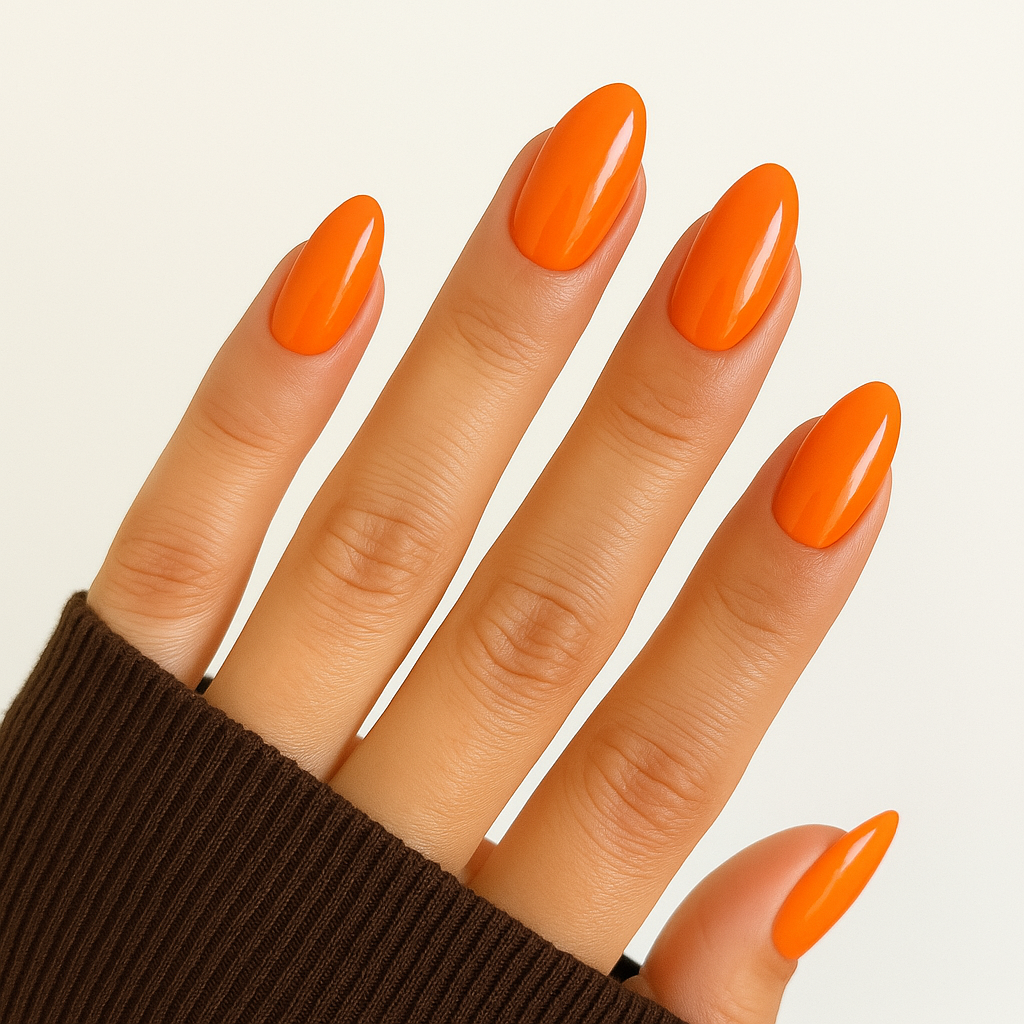 Bright orange – Vibrant bright orange nyans med högblank finish / polygel på modellhand – Salongskvalitet UV/LED-polygel – Mandel-formade naglar