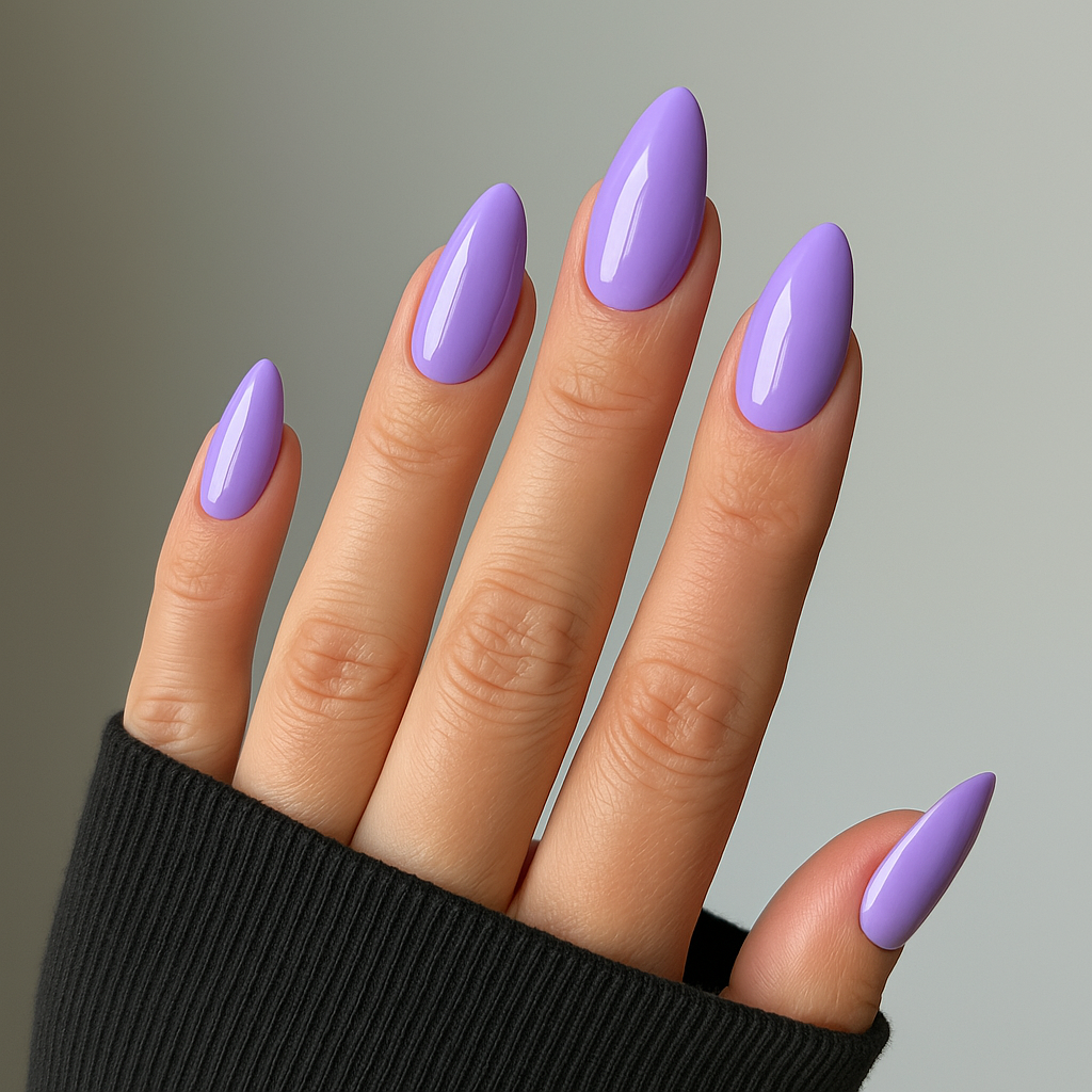 Violet Dream – Pastellila / mjukt lila gellack / gel polish på modellhand – Salongskvalitet UV/LED-nagellack – Mandel-formade naglar